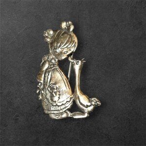 Designer PMI Mexico Sterling Silver Girl & Goose Pin Brooch 925